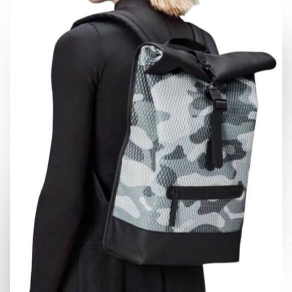 NWT RAINS Rolltop Rucksack Mesh Backpack Camo Gray/Black Waterproof - Picture 1 of 9